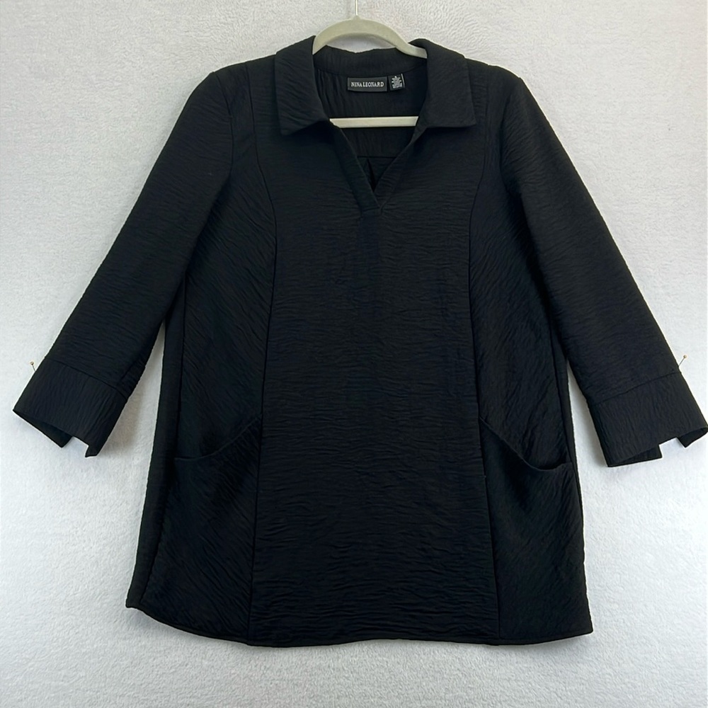 Nina Leonard Notched Neck Tunic Women’s Sz S Black Textured Polyester Knit